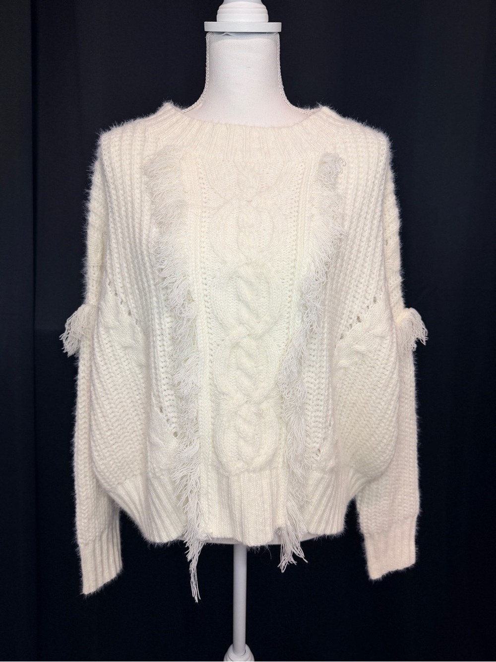 Simply Couture Ivory Cable-Knit Fringe Sweater (0007)